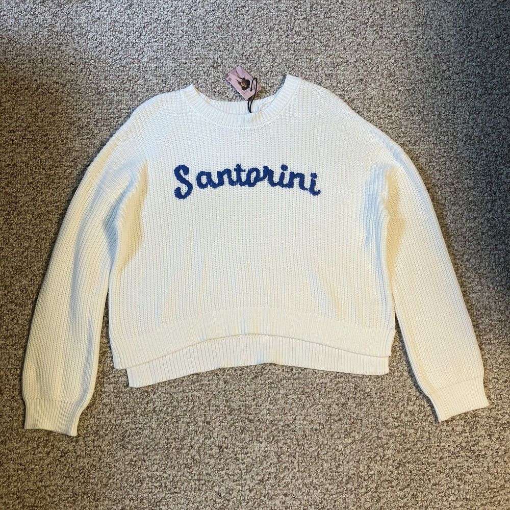 NWT Sincerely Jules Womens Santorini Sweater Size L White Coastal Euro Greece